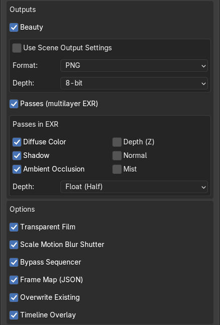 The Outputs and Options boxes: Beauty as 8-bit PNG, EXR passes, and the six options