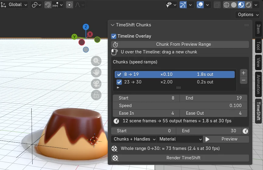 The TimeShift Chunks panel open in the 3D Viewport sidebar, beside the camera view