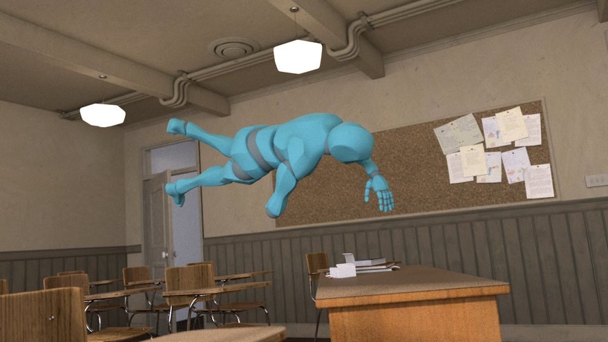 A character leaping in slow motion