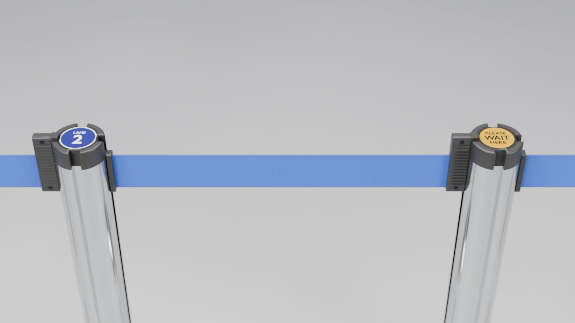 Two chrome posts with round lane and Please Wait stickers on their caps