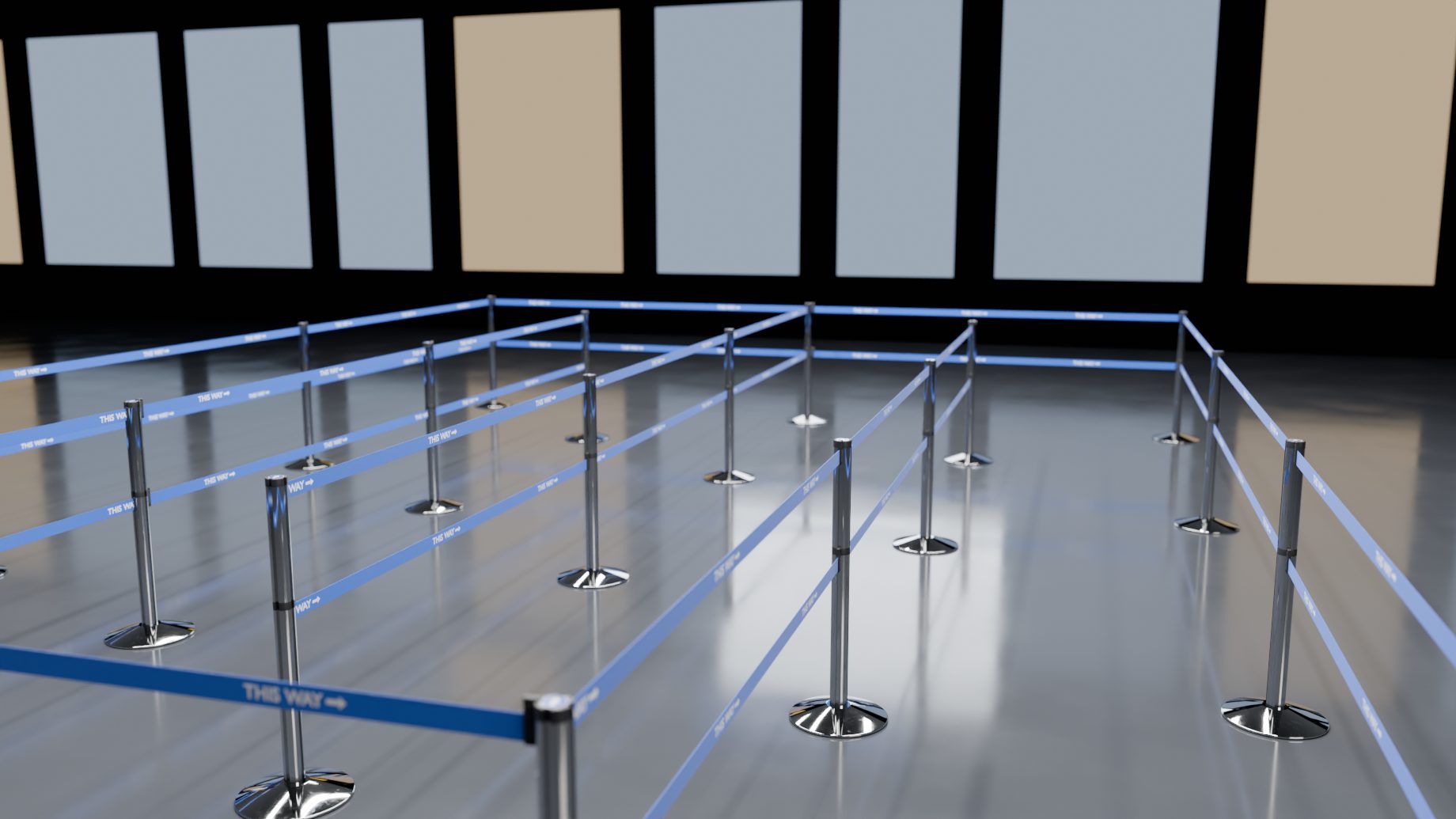 A double-belt queue of chrome posts with blue belts printed This Way, in an airport hall with a polished floor