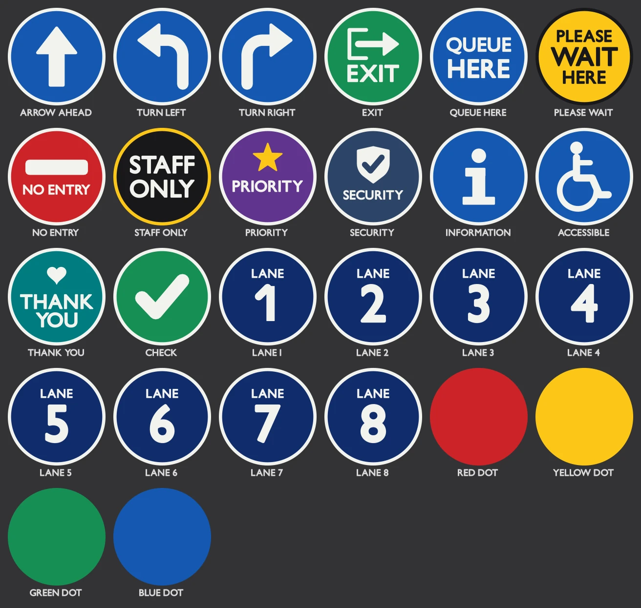 The cap sticker library: twenty-six round stickers, arrows, lane numbers, colour dots and more