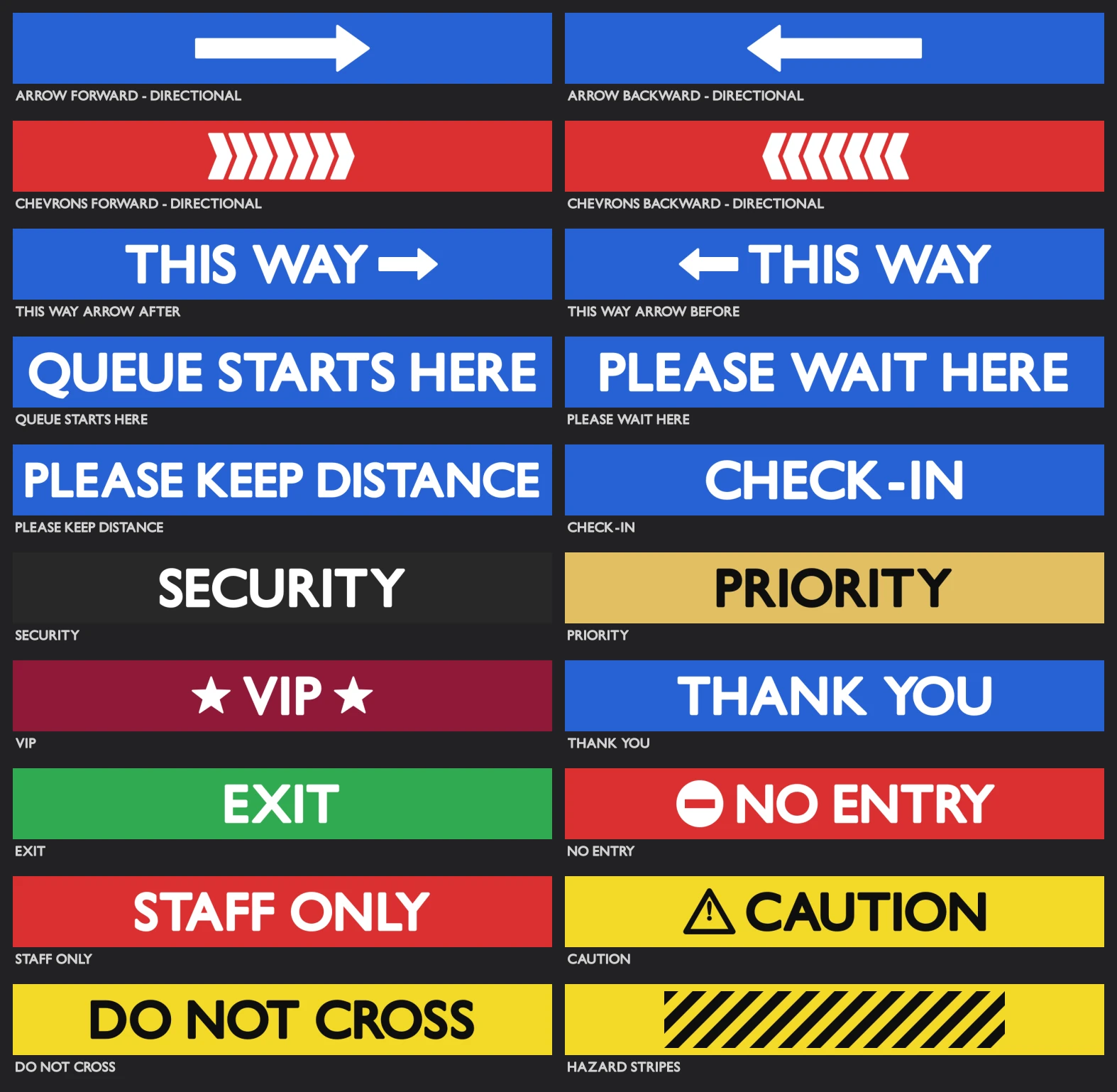 The belt logo library: twenty belt designs, from arrows and Queue Starts Here to Hazard Stripes