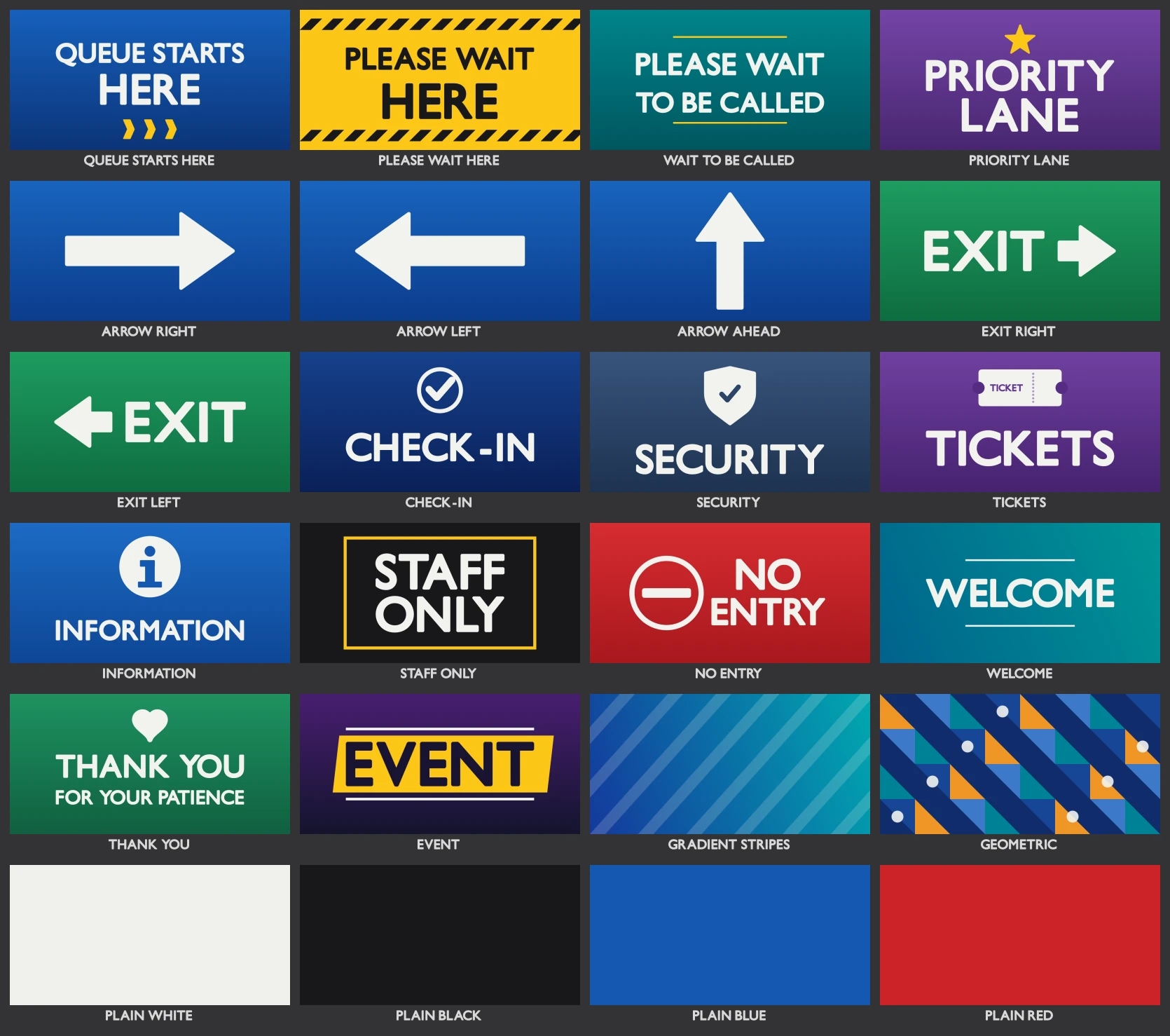The panel image library: twenty-four designs, from Queue Starts Here and arrows to plain colour cards