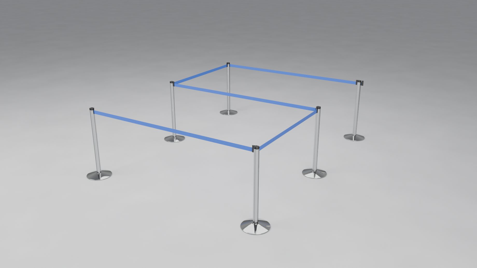 A short zig-zag barrier of chrome posts and blue belts, built from a six-point curve