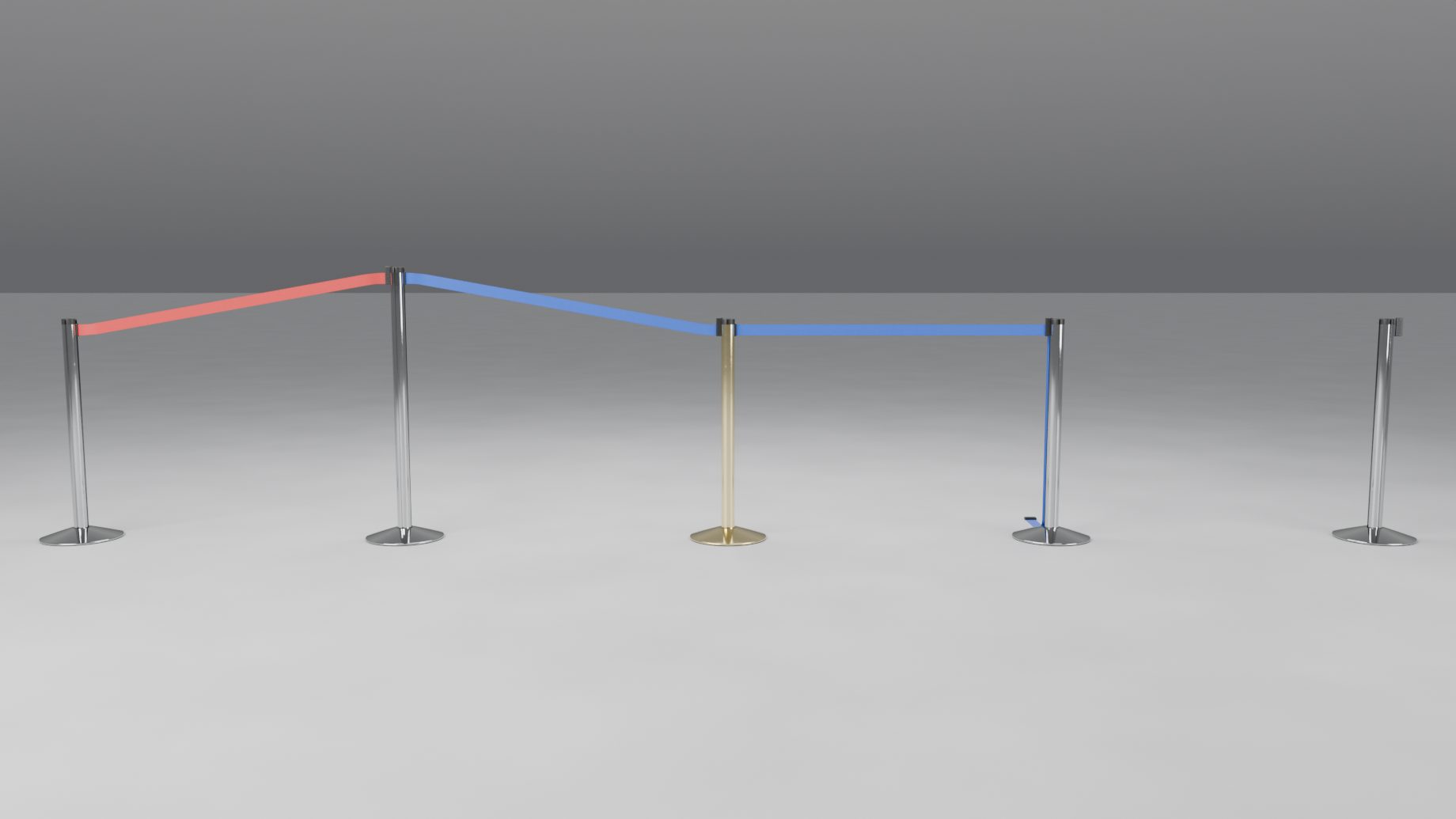A line of five chrome posts with a taller post, a brass post, a turned post, a red belt and a belt left out