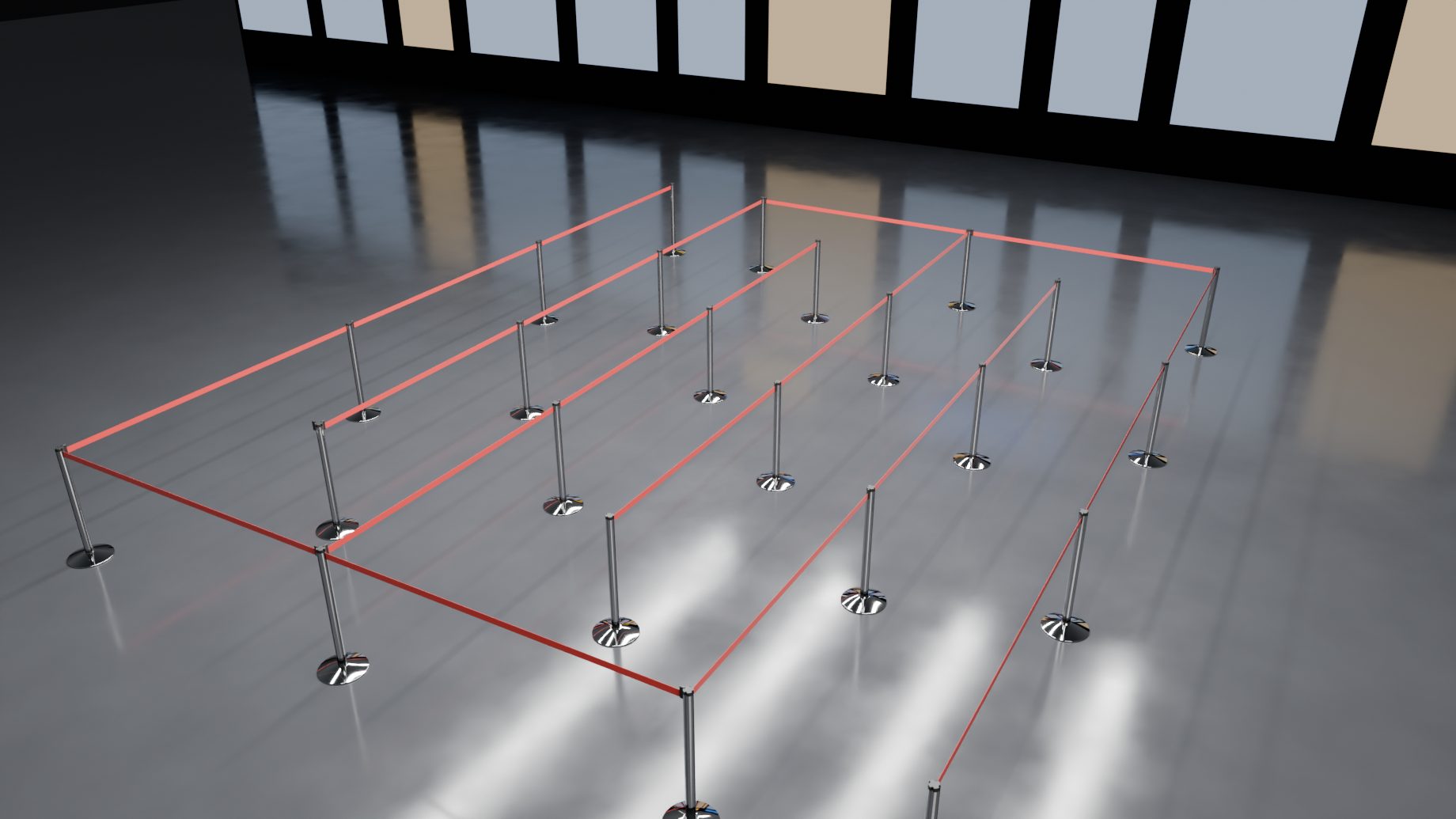 A zig-zag queue of chrome posts with red belts in six lanes, seen from above its entrance