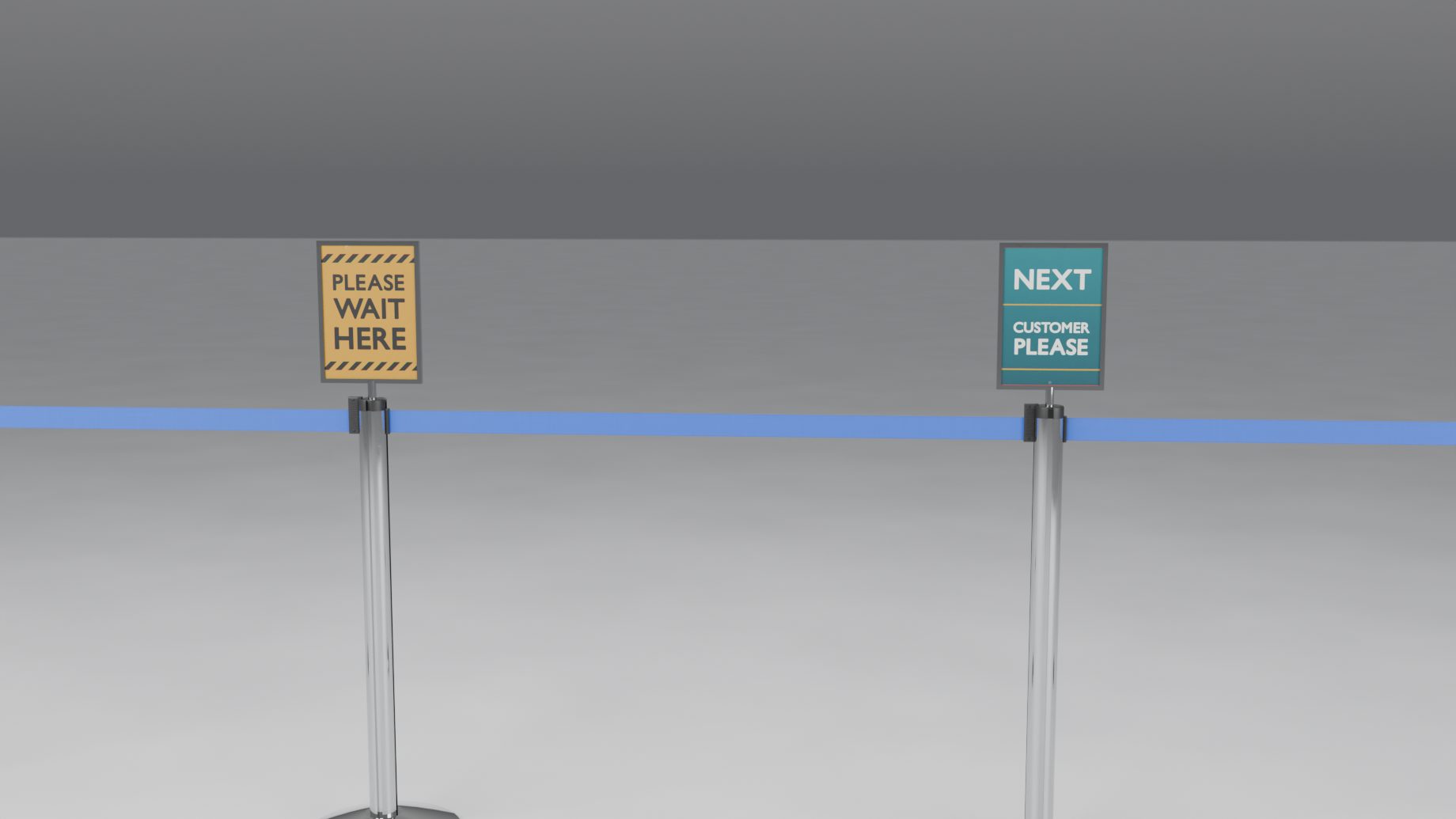 Belt posts with sign frames on top, printed with Please Wait Here and Next Customer Please