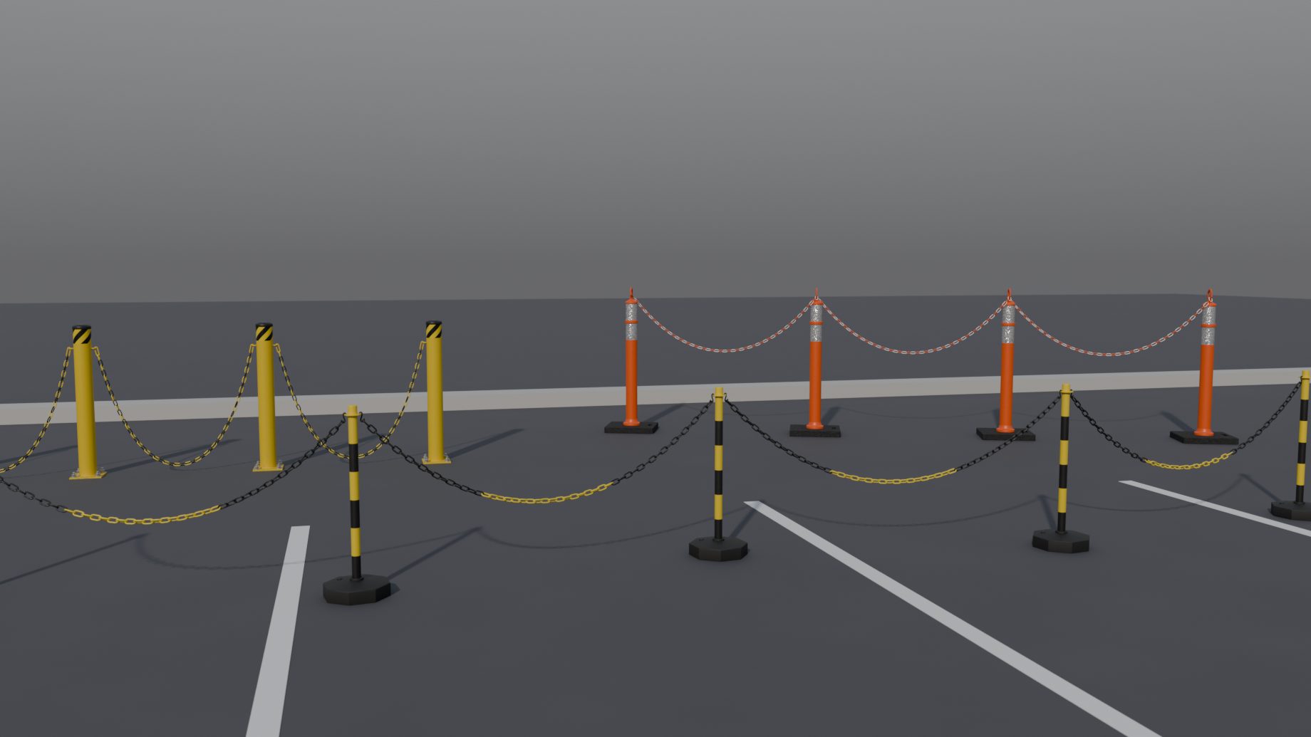 A car park with chain posts, safety bollards and delineators joined by chains