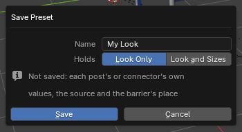 The Save Preset dialog: a Name field, Look Only and Look and Sizes, and a note on what is not saved
