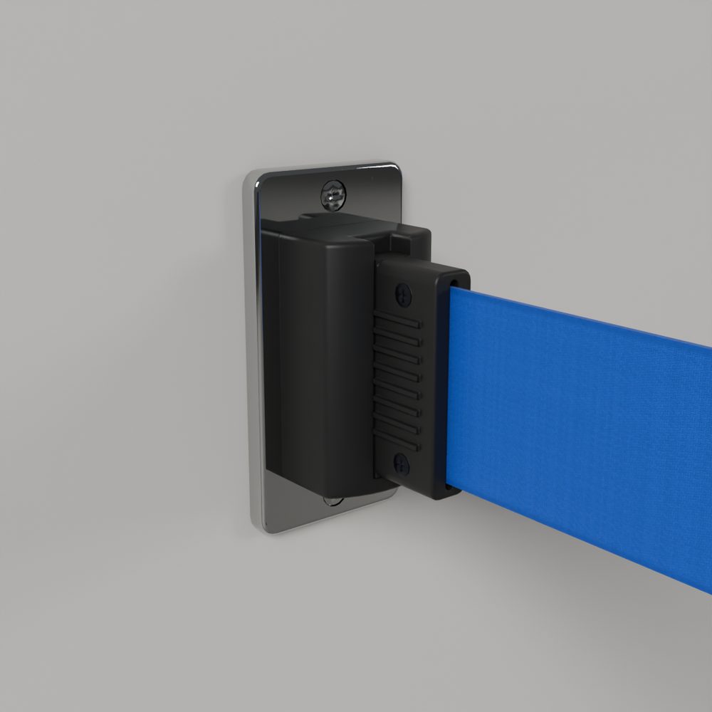A belt's Wall Receiver close up: a black unit with ribs and screws on a chrome back plate, a blue belt leaving it