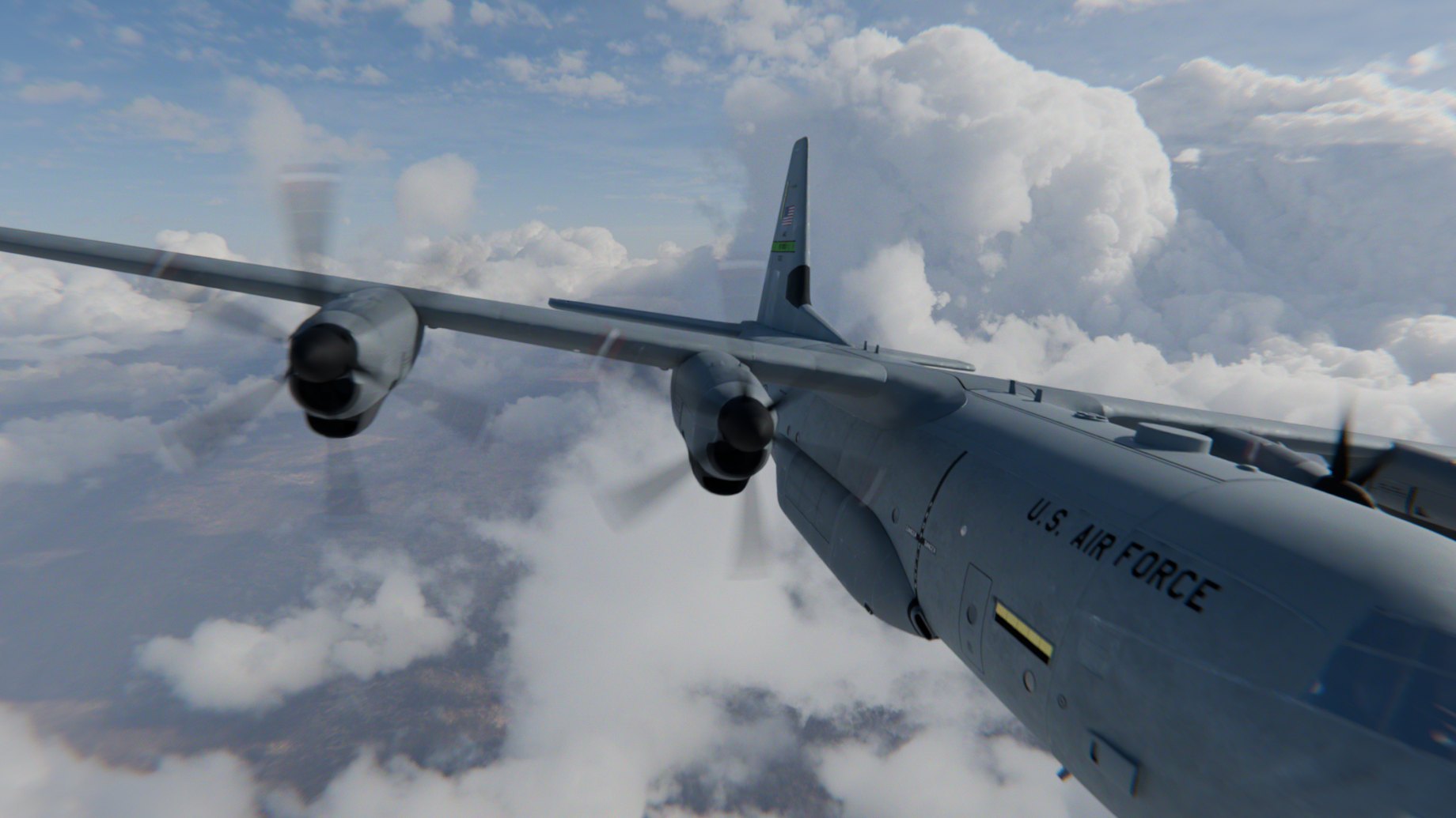 The plane at normal speed with blurred propellers