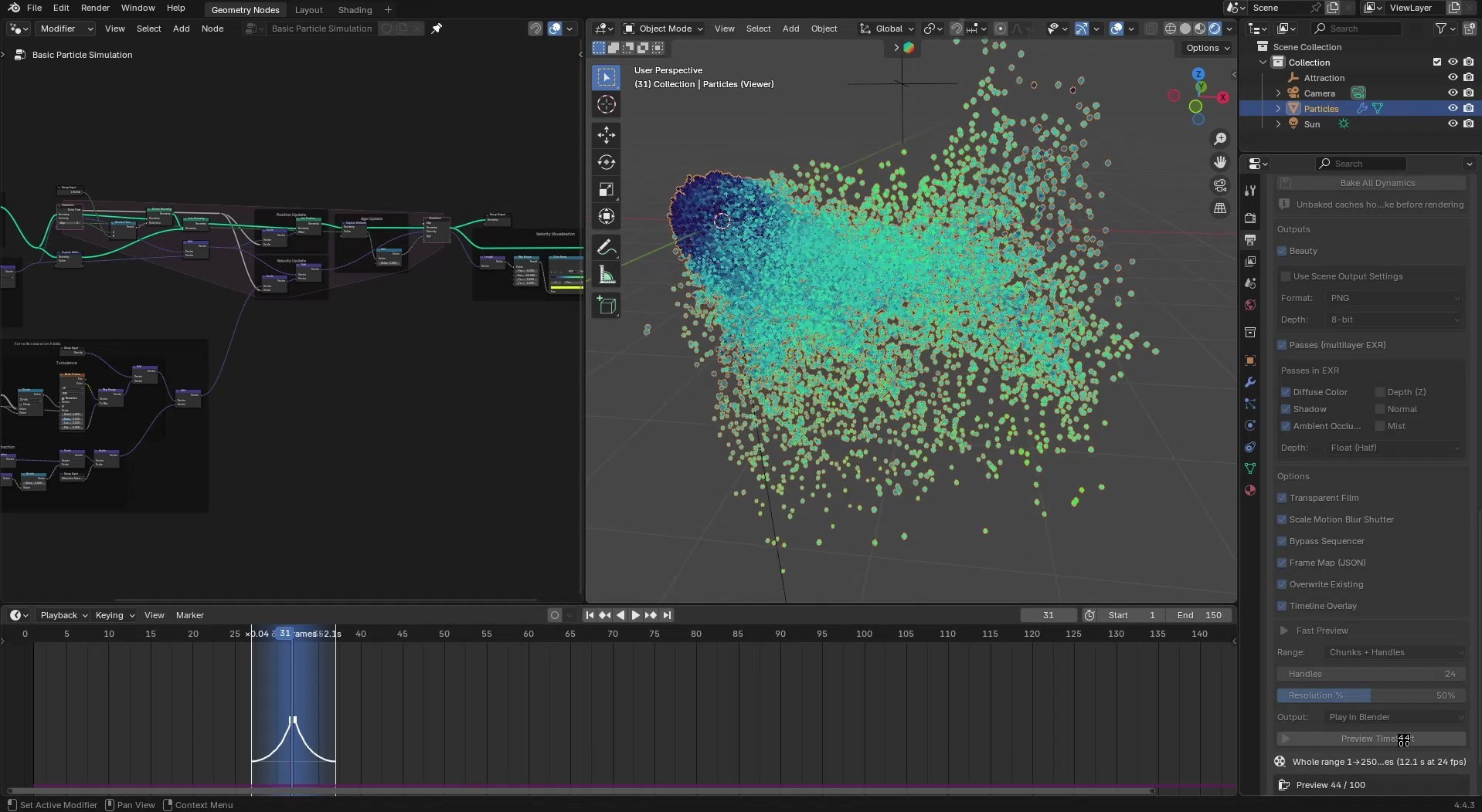 Blender with the TimeShift panel, a slowed chunk on the Timeline and a particle simulation